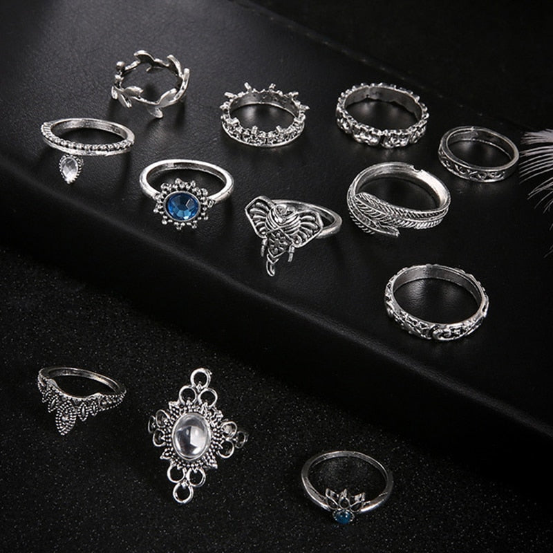 Vintage Fashion Leaf Stone Midi Ring Set