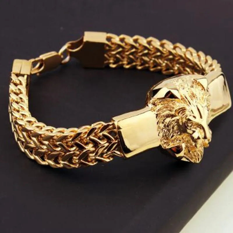 Domineering Alloy Lion Head Bracelet Men Stainless Steel Gold Color Franco Link Chain Luxury Man Bracelet Gift