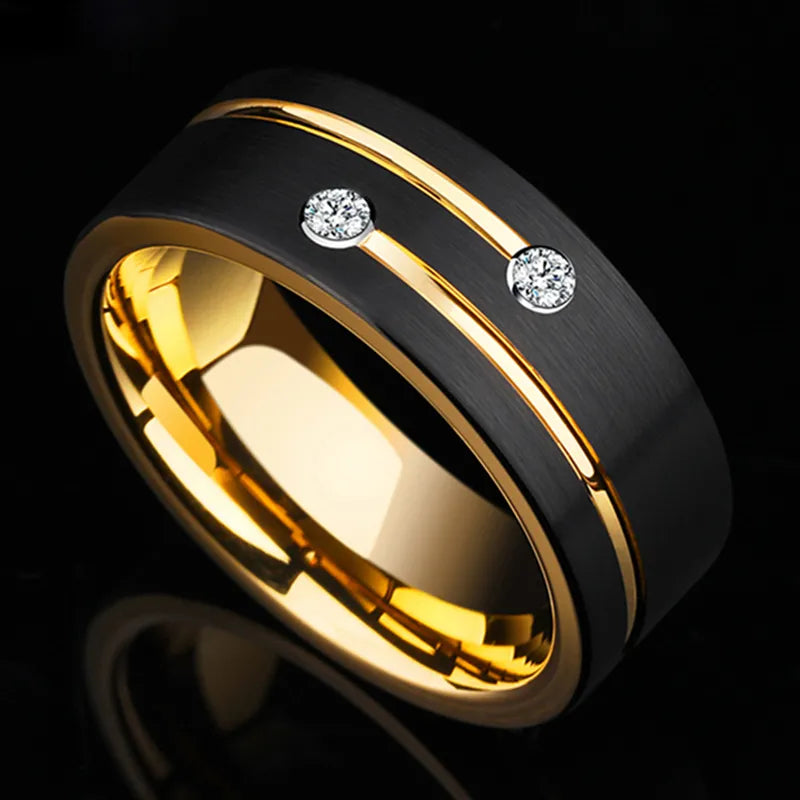 Luxury Mens 8mm Black Stainless Steel Gold Color Ring Crystal Wedding Band for Men's Engagement Party Jewelry Gift