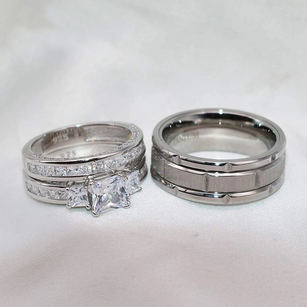 This set of couple rings features exquisite rhinestones and zirconia, with a simple stainless steel design for women and men. It is a fashionable piece of jewelry perfect for giving as a gift to a loved one.