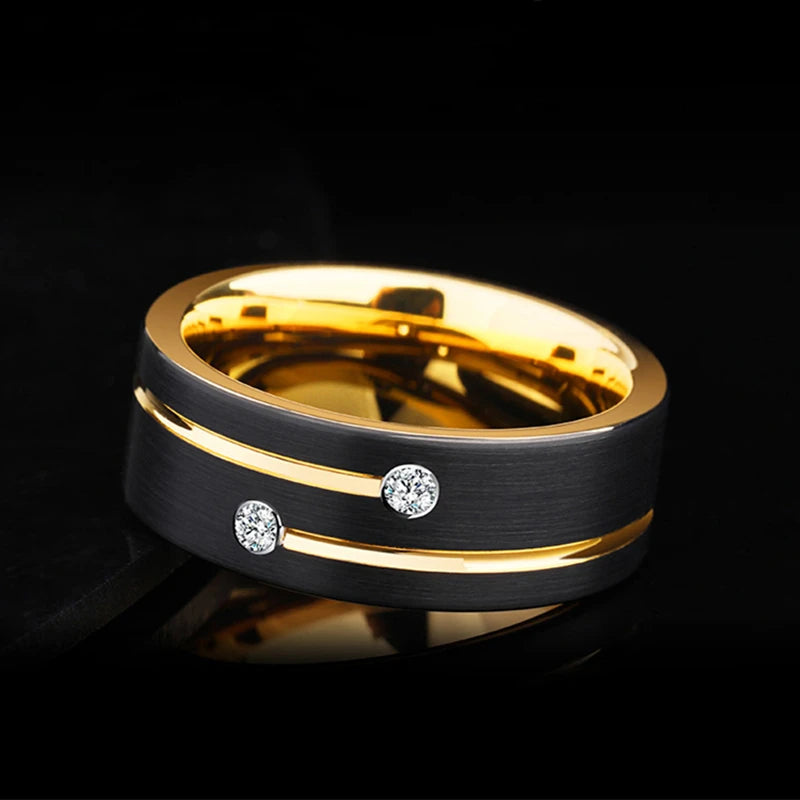 Luxury Mens 8mm Black Stainless Steel Gold Color Ring Crystal Wedding Band for Men's Engagement Party Jewelry Gift