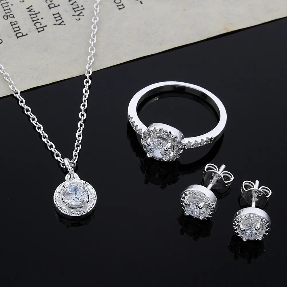 925 Sterling silver Cute Solid Christmas gift noble fashion elegant women shiny crystal necklace earring ring jewelry Set