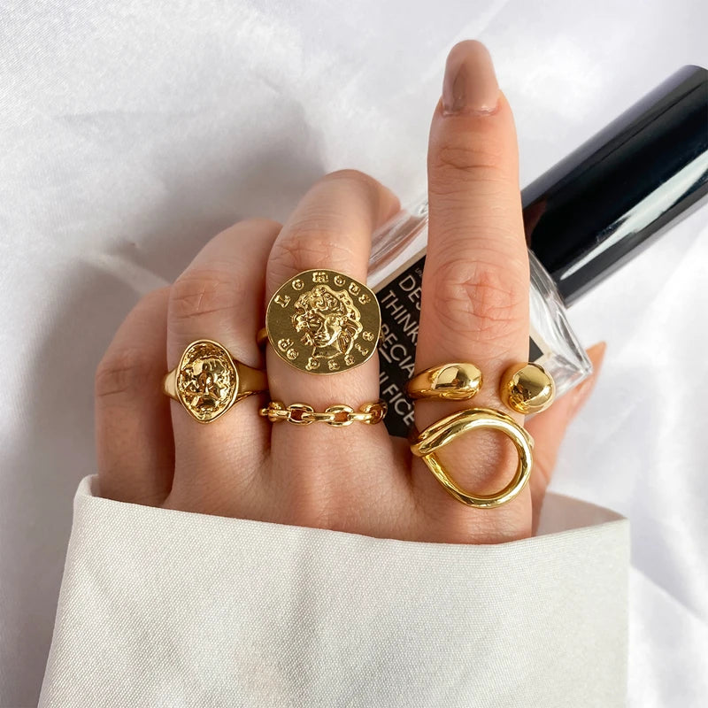 Punk Golden Portrait Coin Chain Geometric Rings Set NEW Fashion Open Rings For Women 2024 Trend Jewelry Gifts