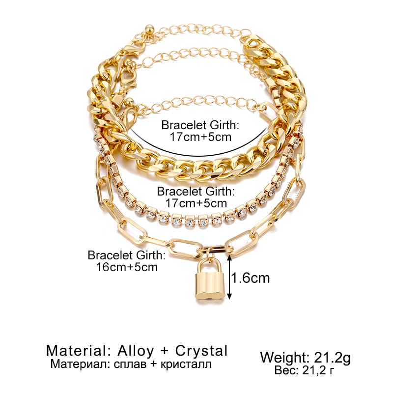 Experience high-quality beauty with our Punk Heavy Metal Crystal Lock Pendant Bracelet Set! Crafted with durable metal and zinc alloy, this eye-catching bracelet is sure to draw attention. It's perfect for the modern woman who loves unique fashion. Enjoy the link chain and special lock pendant for a look that's both timeless and cutting-edge.