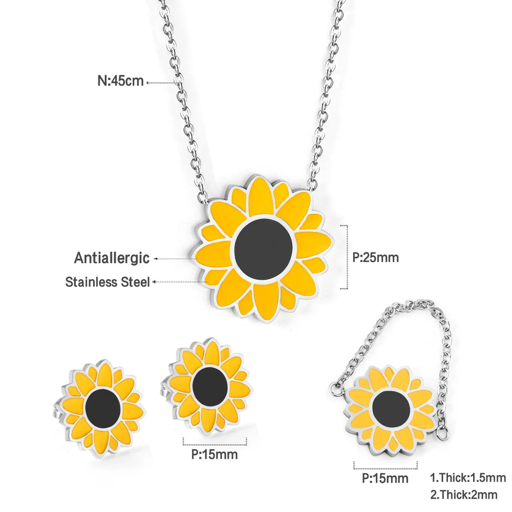 Jewelry Sets Yellow Flowers Pendant Necklace Earrings Stainless Steel For Women Gold Color 2023 Trendy Summer Wholesale