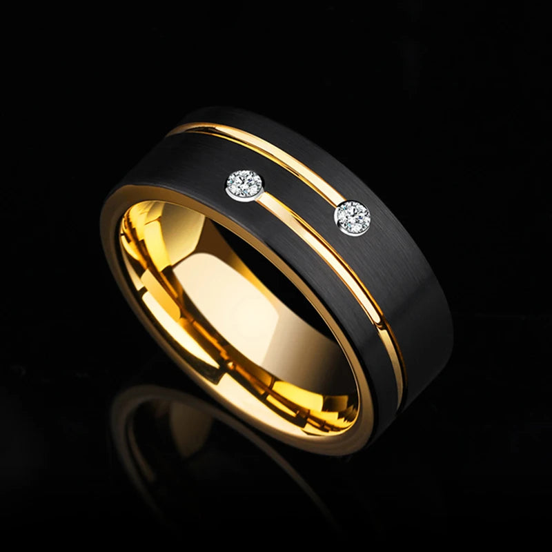 Luxury Mens 8mm Black Stainless Steel Gold Color Ring Crystal Wedding Band for Men's Engagement Party Jewelry Gift