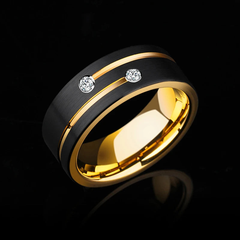 Luxury Mens 8mm Black Stainless Steel Gold Color Ring Crystal Wedding Band for Men's Engagement Party Jewelry Gift