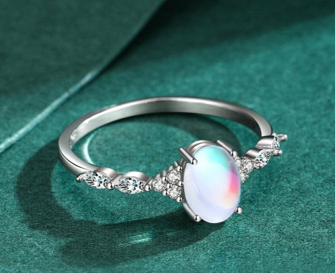 925 Sterling Silver Minimalist Oval Moonstone Wedding Band Ring