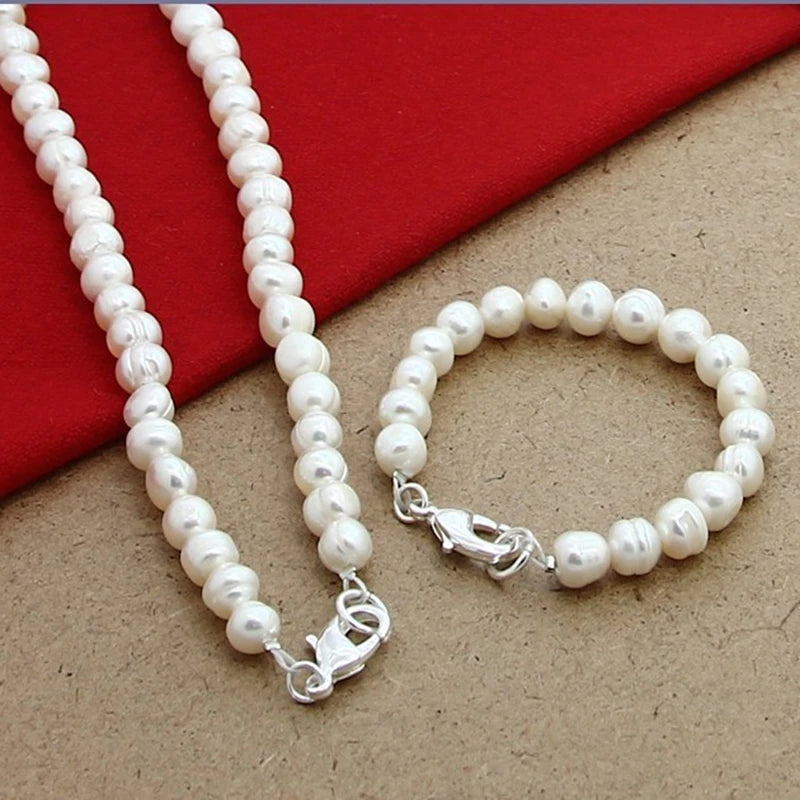 New 8mm Natural Pearl Beaded Chain 925 Silver Clasp Necklace Bracelet Set For Women'S Wedding Engagement Party Jewelry
