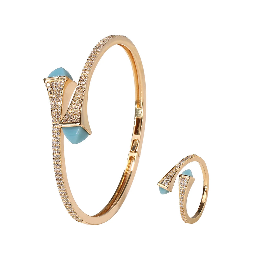 2025 New Romatic Women Fashion 2 Pcs Bracelet & Ring Set Candy color stone Simple Design Gold Open Cuff Bangle Ring Jewelry Set
