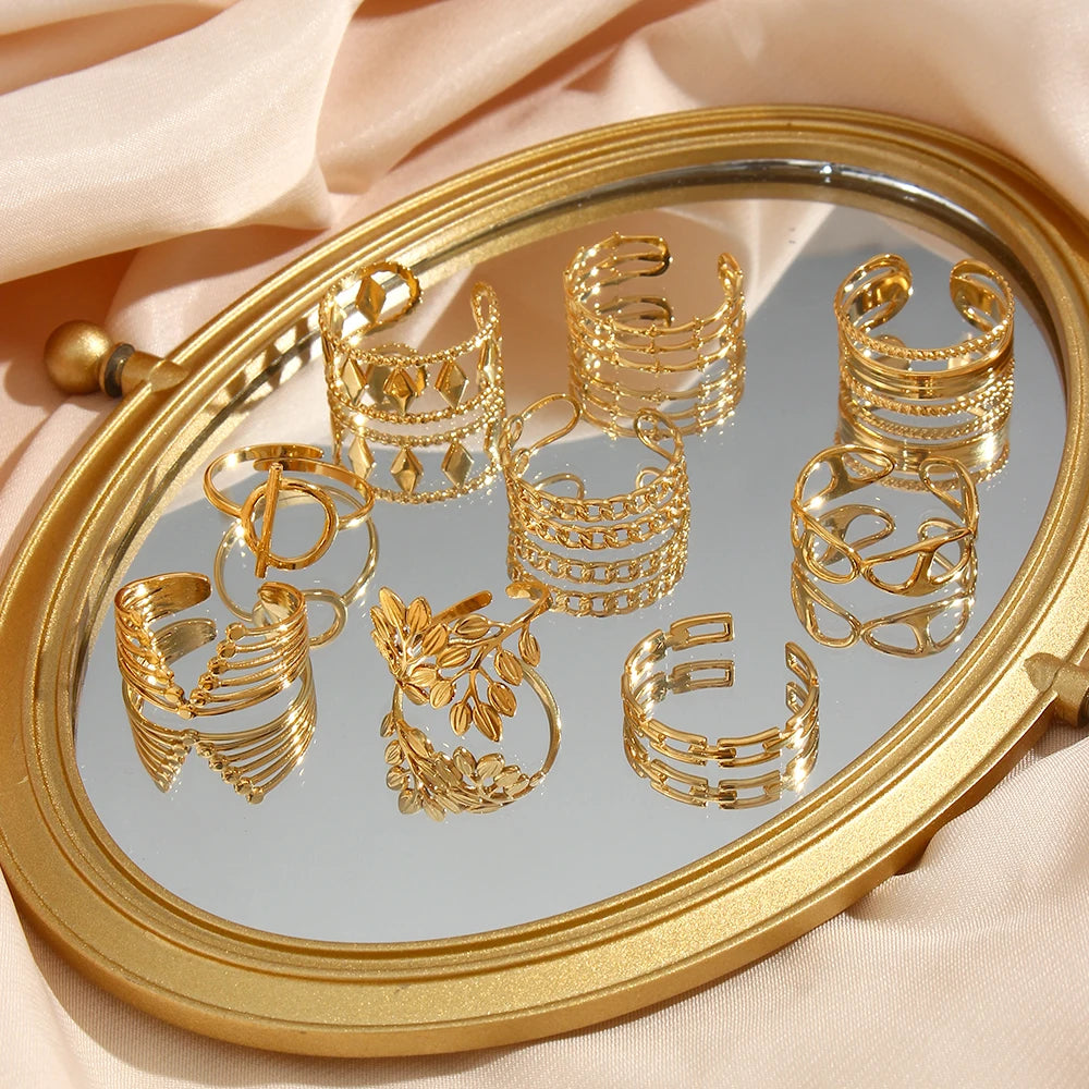 Bohemian Vintage Gold Plated Resizable Stainless Steel Ring Tree Leaf Geometric V Shape Link Chain Design Rings For Women