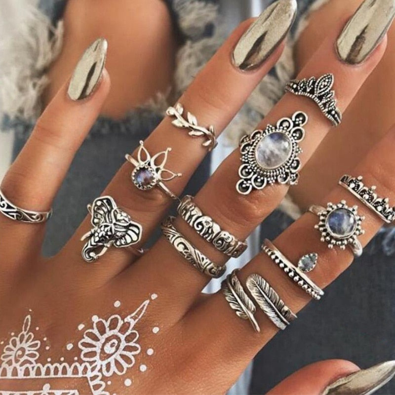 Vintage Fashion Leaf Stone Midi Ring Set