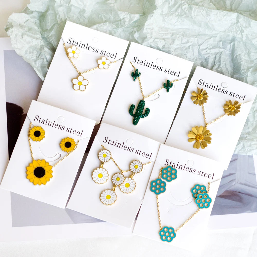 Jewelry Sets Yellow Flowers Pendant Necklace Earrings Stainless Steel For Women Gold Color 2023 Trendy Summer Wholesale