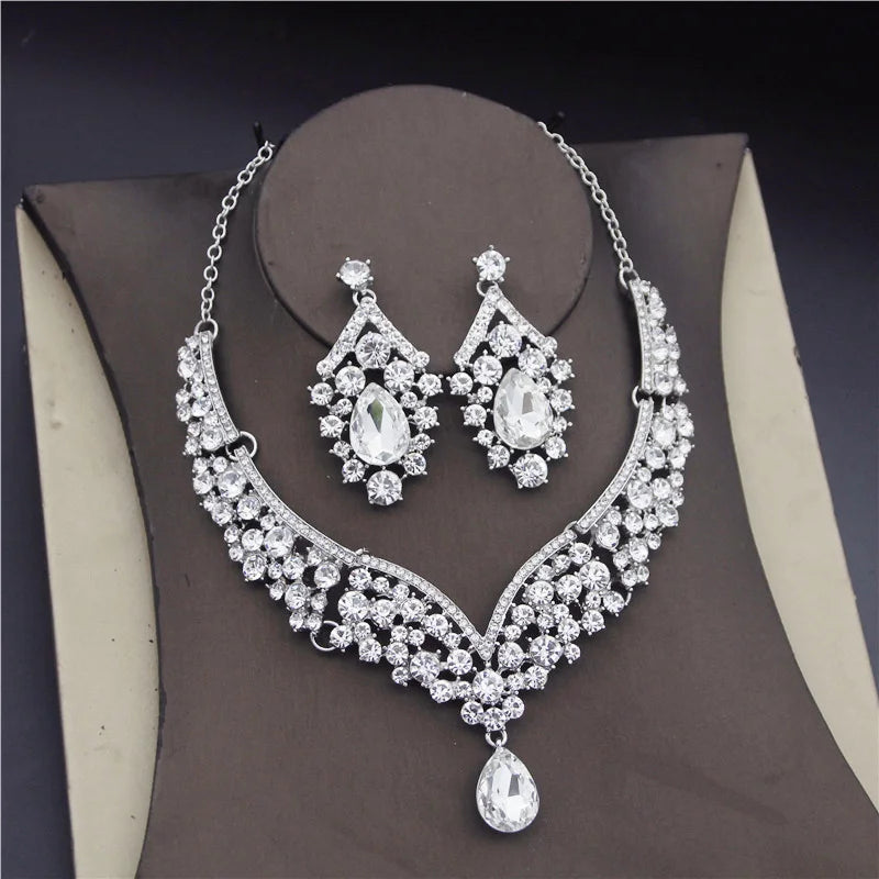 Baroque Crystal Water Drop Bridal Jewelry Sets Rhinestone Tiaras Crown Necklace Earrings for Bride Wedding Dubai Jewelry Set