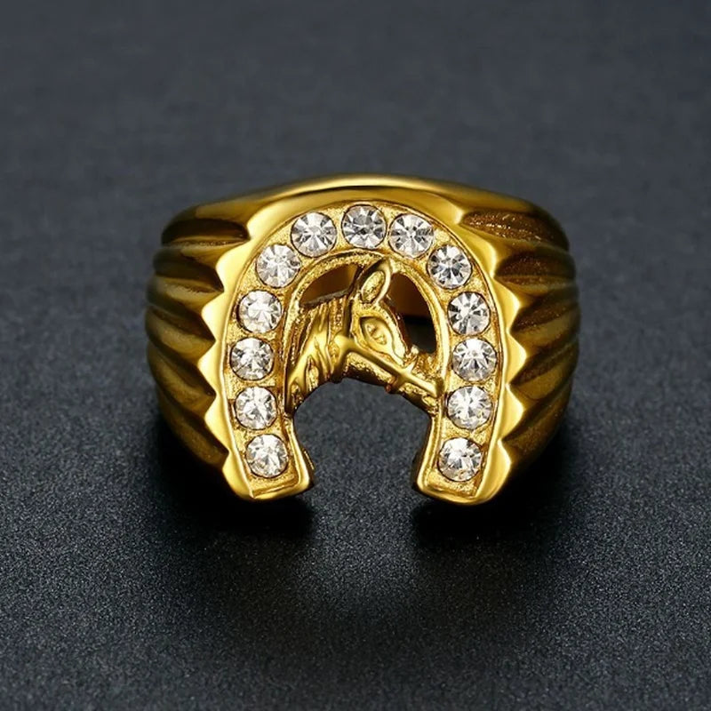 A unique selection of men's rings, including animal-inspired designs like the horse head and horseshoe rings. These hollow rings are perfect for those who appreciate hip hop and punk styles, making them ideal gifts for boys who want to stand out with their jewelry choices.