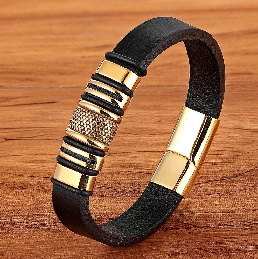 Experience the timeless style of the Leather Bracelet Gold Color Totem with its Stainless Steel &amp; Genuine Leather construction. This exquisite men's bracelet features an easy-hook clasp &amp; Genuine Leather chain. Impressive and fashionable, it is sure to elevate any outfit.