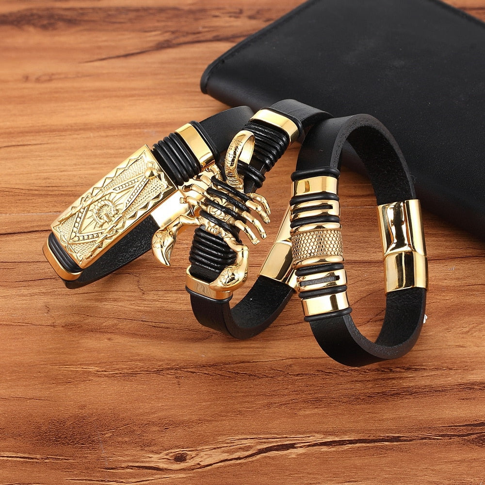 Experience the timeless style of the Leather Bracelet Gold Color Totem with its Stainless Steel &amp; Genuine Leather construction. This exquisite men's bracelet features an easy-hook clasp &amp; Genuine Leather chain. Impressive and fashionable, it is sure to elevate any outfit.