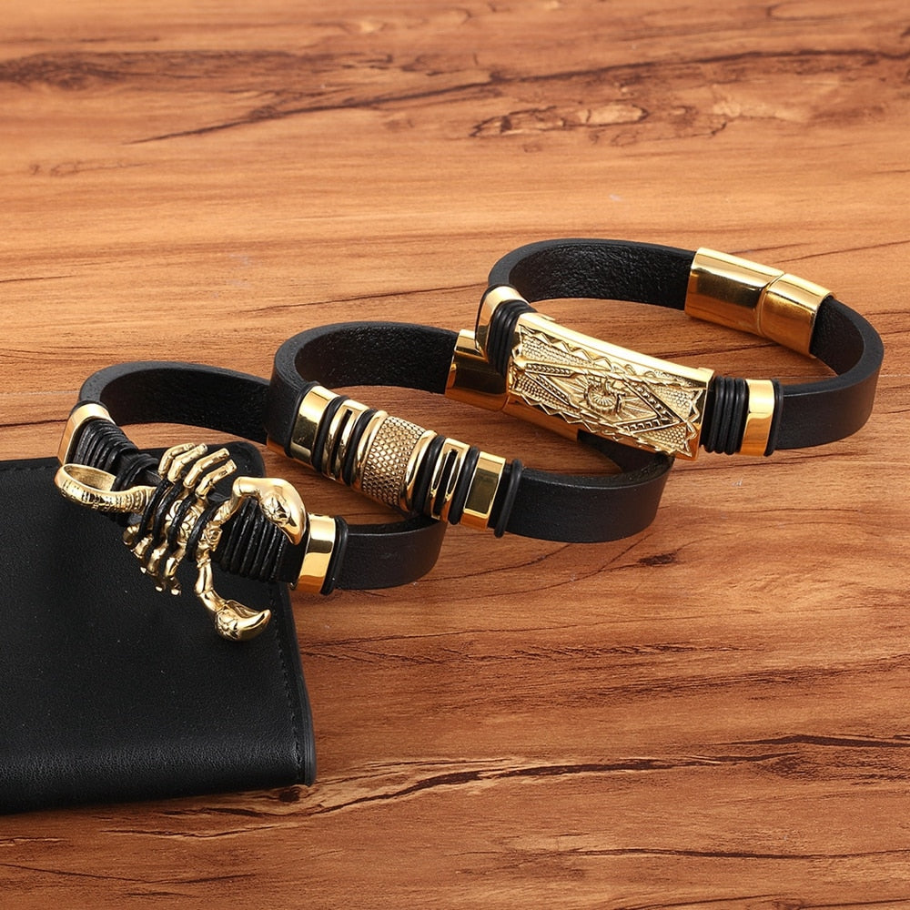 Experience the timeless style of the Leather Bracelet Gold Color Totem with its Stainless Steel &amp; Genuine Leather construction. This exquisite men's bracelet features an easy-hook clasp &amp; Genuine Leather chain. Impressive and fashionable, it is sure to elevate any outfit.