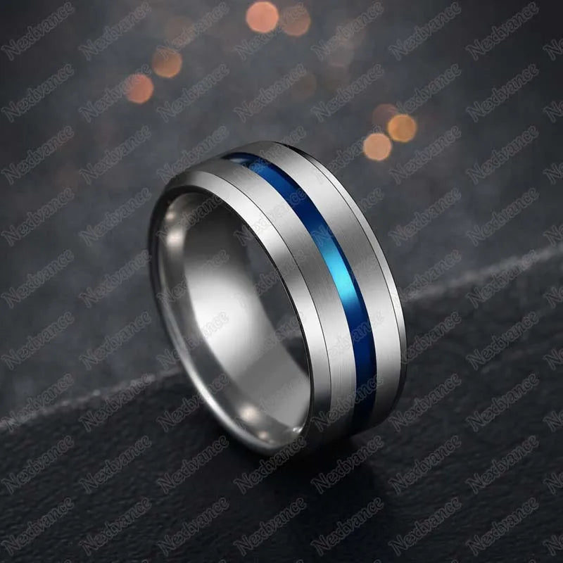 Nextvance Trendy 8MM Stainless Steel Black Blue Groove Ring For Men Wedding Bands Rainbow Rings Male Jewelry Drop shipping