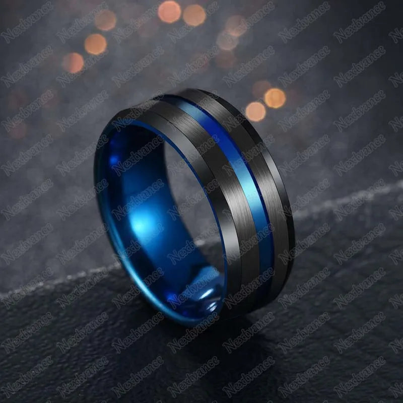 Nextvance Trendy 8MM Stainless Steel Black Blue Groove Ring For Men Wedding Bands Rainbow Rings Male Jewelry Drop shipping