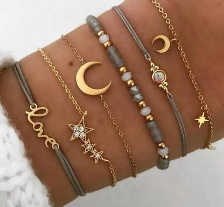  Gold Color Star Moon Crystal's Layered Bracelet Set for Women Girl Metal Rope Adjustable Bracelet Pulseires 6523