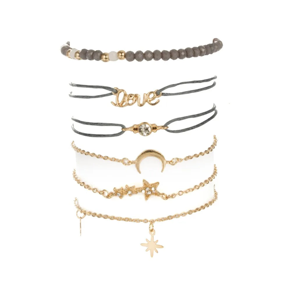  Gold Color Star Moon Crystal's Layered Bracelet Set for Women Girl Metal Rope Adjustable Bracelet Pulseiras 6523