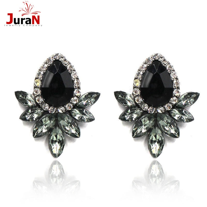 Black Resin Sweet Metal with Gems Stud Earrings