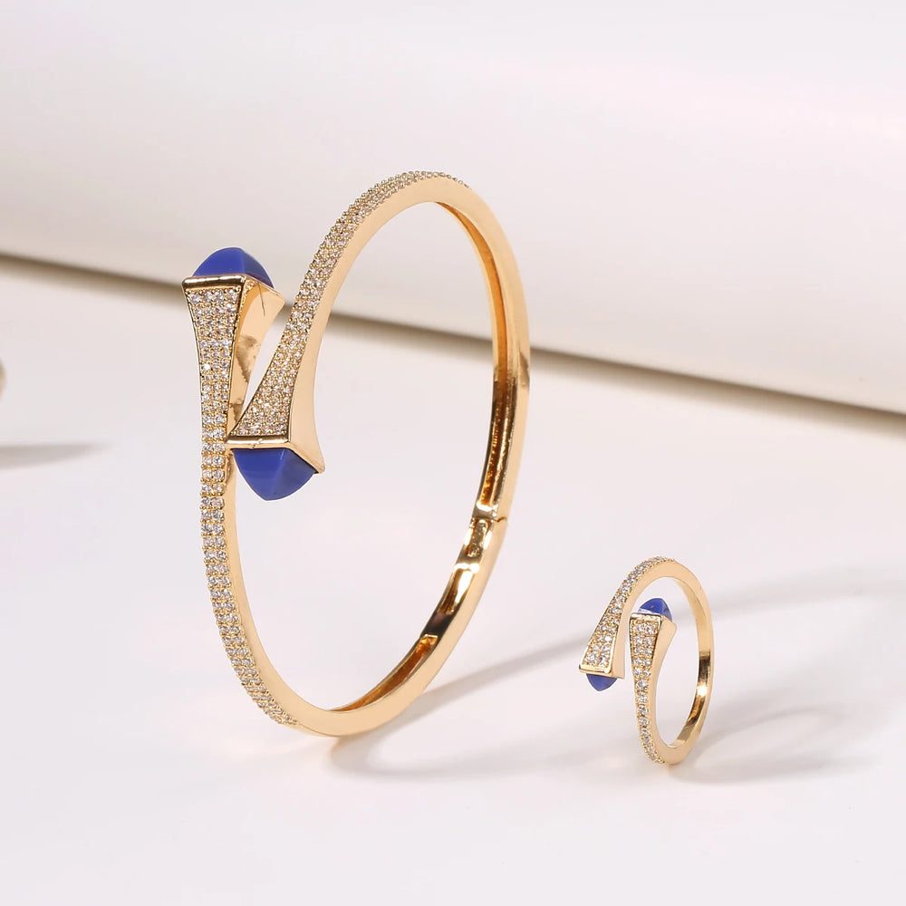 2025 New Romatic Women Fashion 2 Pcs Bracelet & Ring Set Candy color stone Simple Design Gold Open Cuff Bangle Ring Jewelry Set