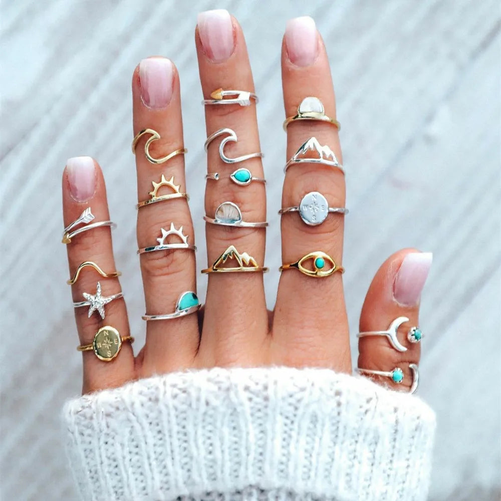 19Pcs/ Set Vintage Gold Silver Color Knuckle Joint Rings Set For Women New Arrival Compass Arrow Starfish Finger Rings