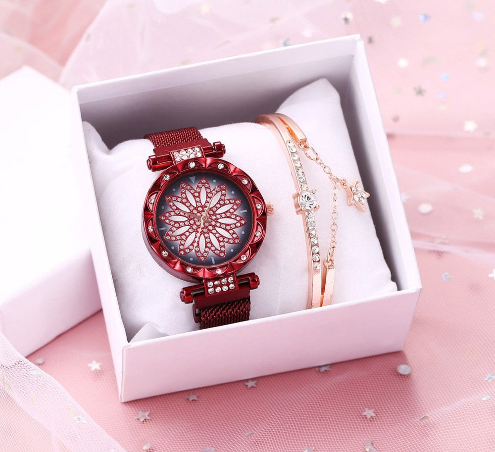 Lucky Flower Luxury Ladies Rhinestone Watches Bracelet Set