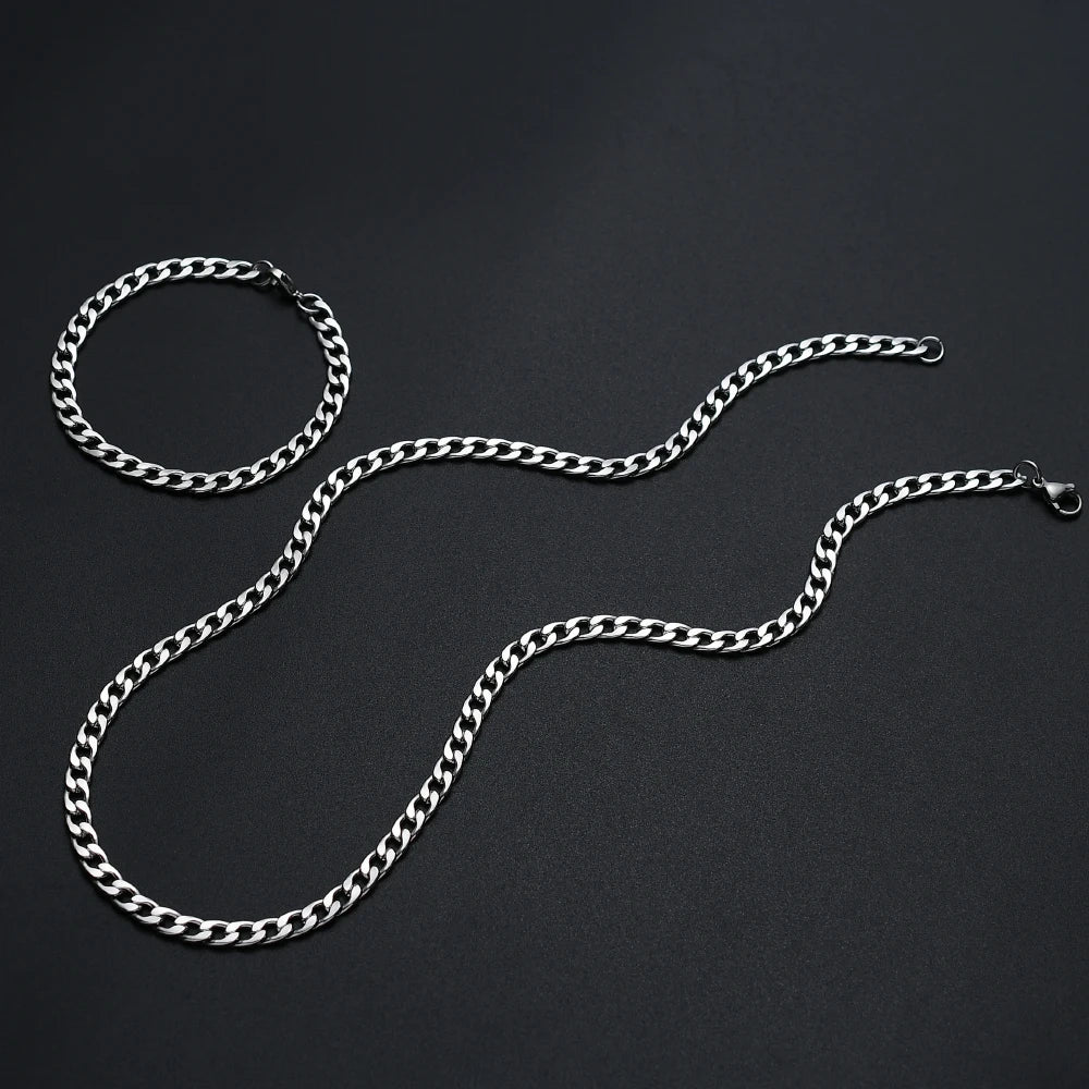 Hot sale width 6MM stainless steel Cuban chain necklace & bracelet fashion jewelry set hip hop rock jewelry for men