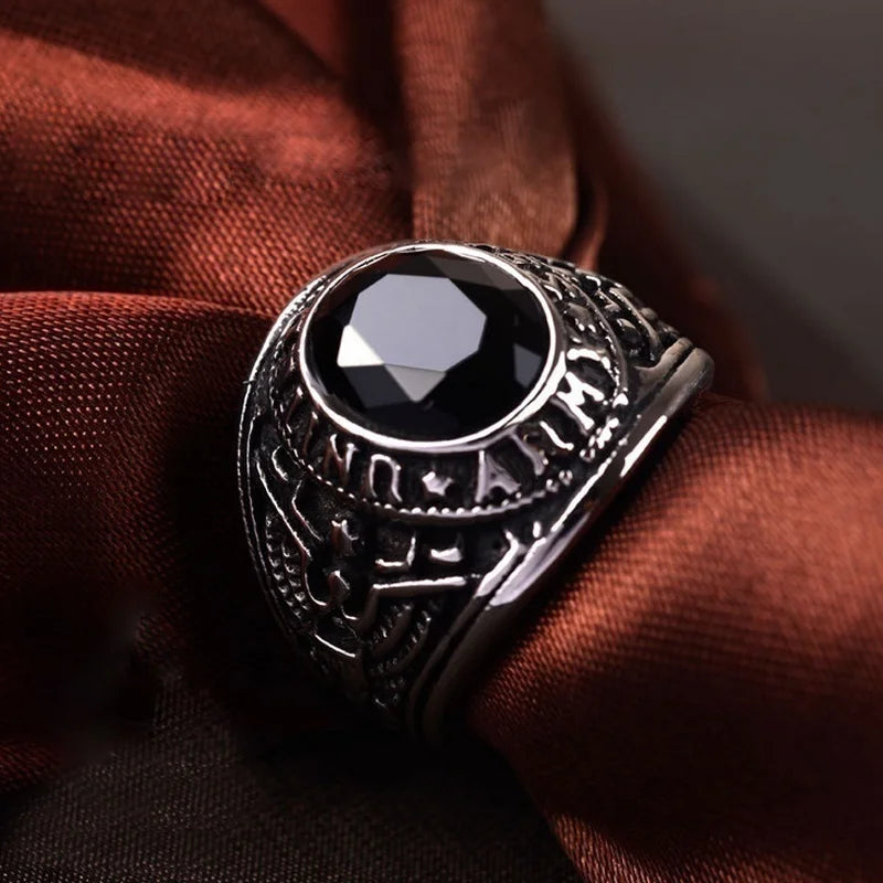 New Trendy Round Bohemian Crystal Inlaid Ring Men's Ring Letter Rune Pattern Metal Ring Accessories Party Jewelry