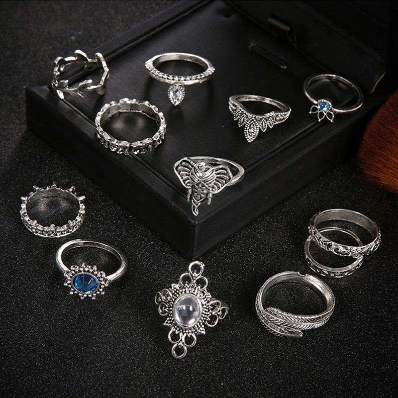 Vintage Fashion Leaf Stone Midi Ring Set