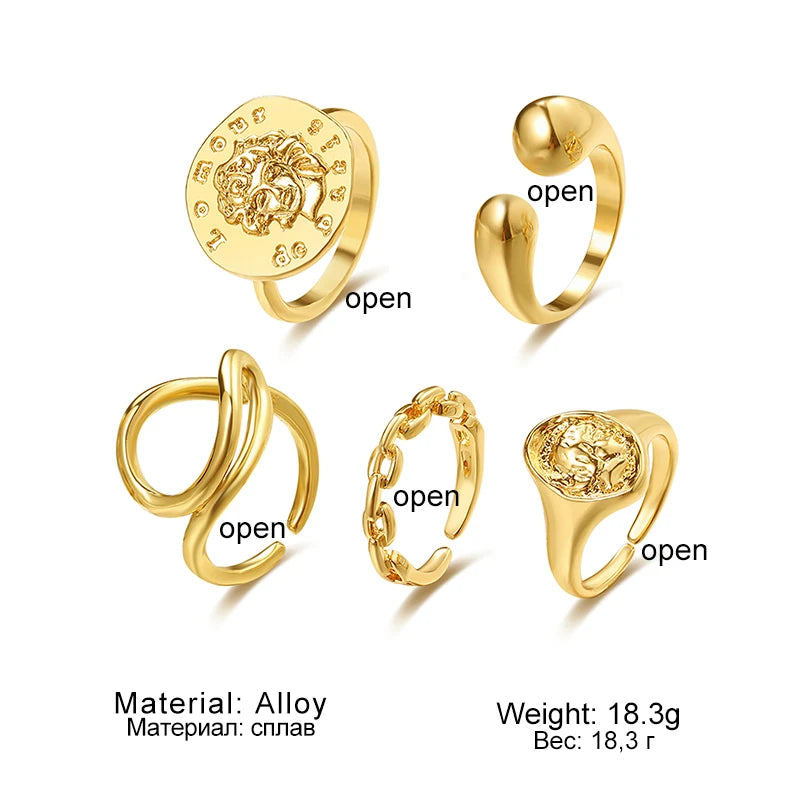 Punk Golden Portrait Coin Chain Geometric Rings Set NEW Fashion Open Rings For Women 2024 Trend Jewelry Gifts