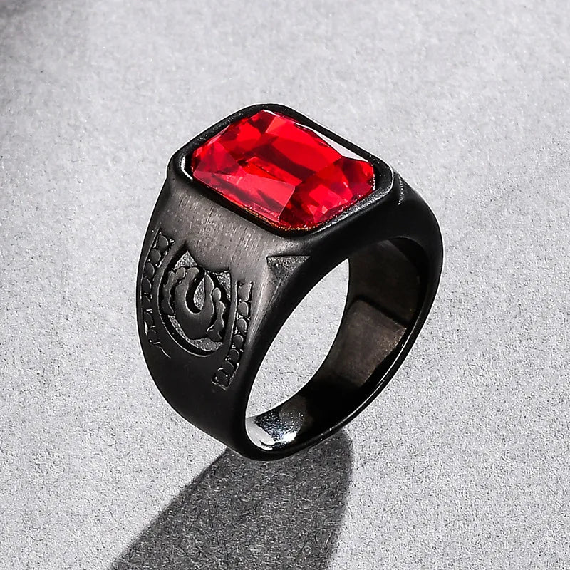 New Retro Bohemian Red Crystal Inlaid Ring Men's Ring Fashion Black Metal Crystal Ring Accessories Party Jewelry