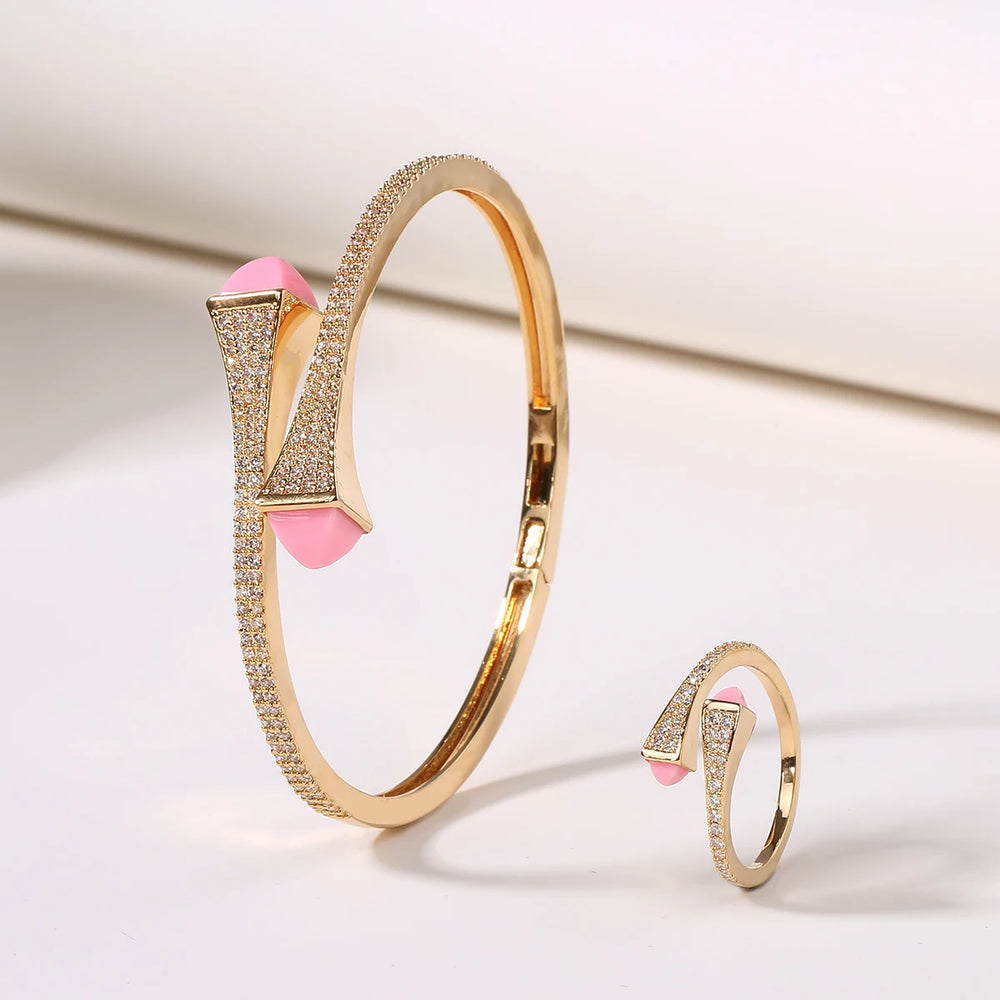 2025 New Romatic Women Fashion 2 Pcs Bracelet & Ring Set Candy color stone Simple Design Gold Open Cuff Bangle Ring Jewelry Set