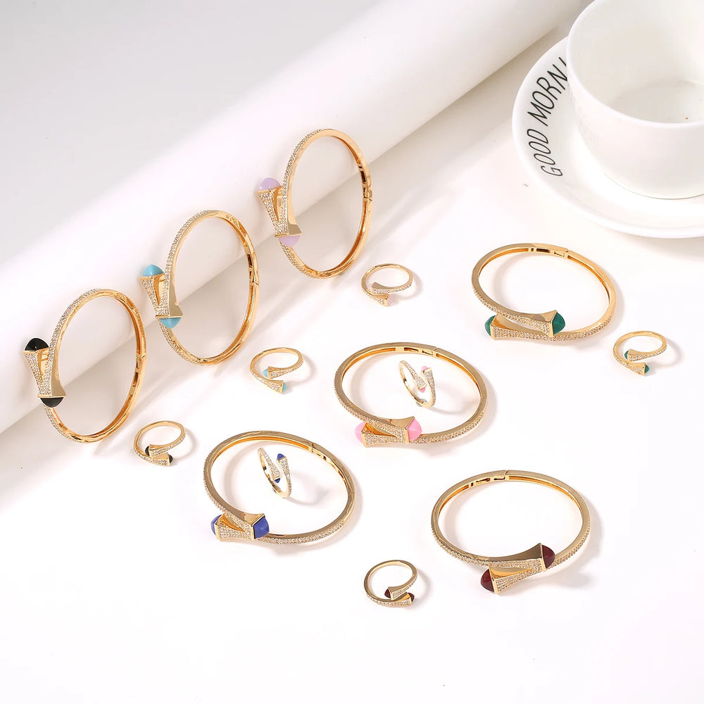 2025 New Romatic Women Fashion 2 Pcs Bracelet & Ring Set Candy color stone Simple Design Gold Open Cuff Bangle Ring Jewelry Set