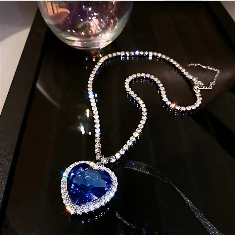 Big Blue Heart Crystal Necklaces for Women Long Chain Pendant Necklaces Statement Jewelry