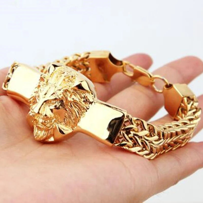 Domineering Alloy Lion Head Bracelet Men Stainless Steel Gold Color Franco Link Chain Luxury Man Bracelet Gift