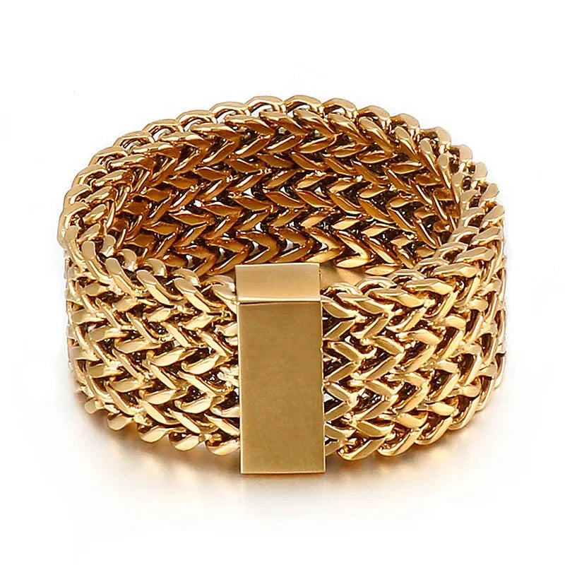New 15mm Stainless Steel Link Chain Ring High Polished Dubai Gold Color Mesh Men Cool Jewelry Accessories Gifts