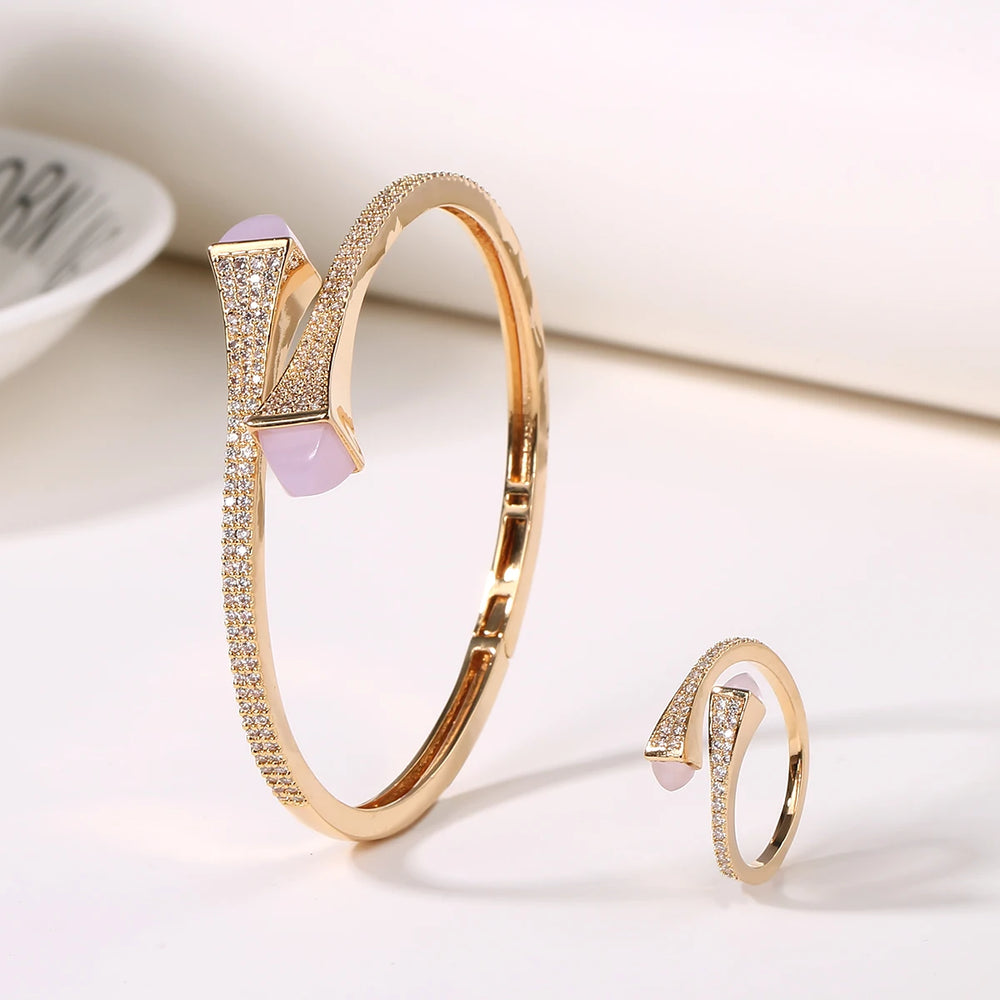 2025 New Romatic Women Fashion 2 Pcs Bracelet & Ring Set Candy color stone Simple Design Gold Open Cuff Bangle Ring Jewelry Set