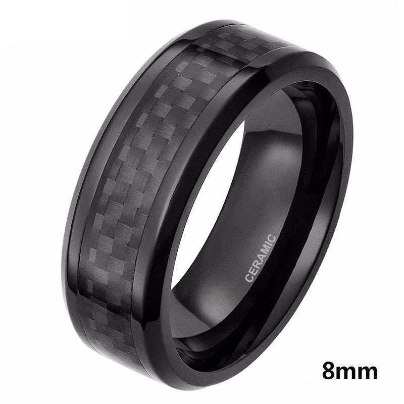 Kolmnsta 6mm 8mm Men's Black Carbon Fiber Inlay Ceramic Ring Korean Wedding Band Engagement Rings For Women Brand Couple Jewelry