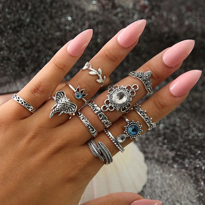 Vintage Fashion Leaf Stone Midi Ring Set