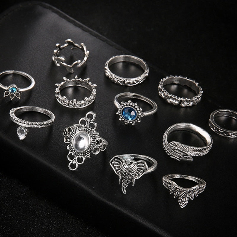 Vintage Fashion Leaf Stone Midi Ring Set