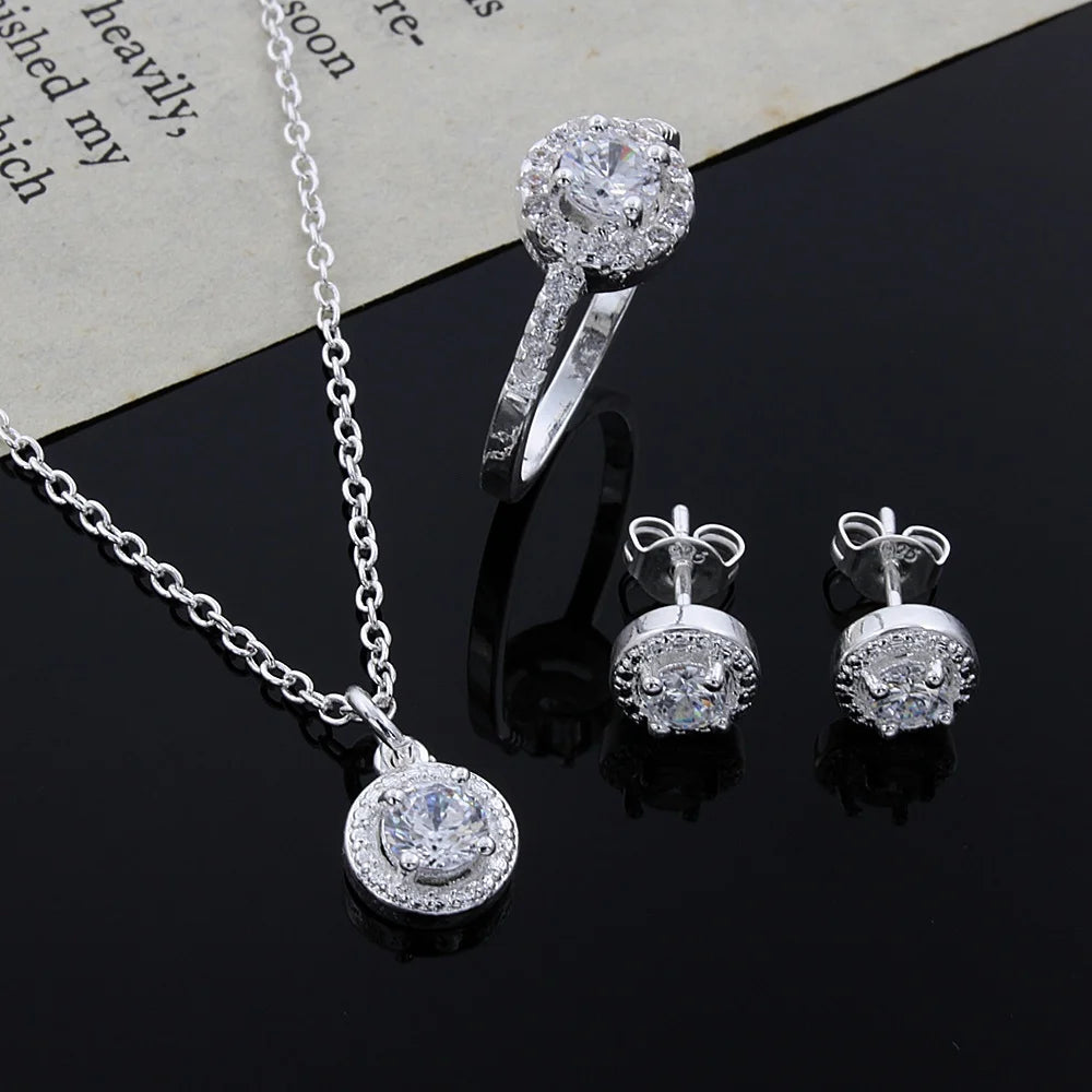 925 Sterling silver Cute Solid Christmas gift noble fashion elegant women shiny crystal necklace earring ring jewelry Set