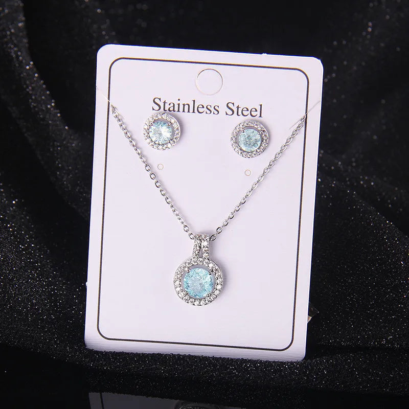 High Grade Round Zircon Jewelry Set Trendy Popular Stainless Steel Pendant Necklace Stud Earrings Party Gifts For Women Girls
