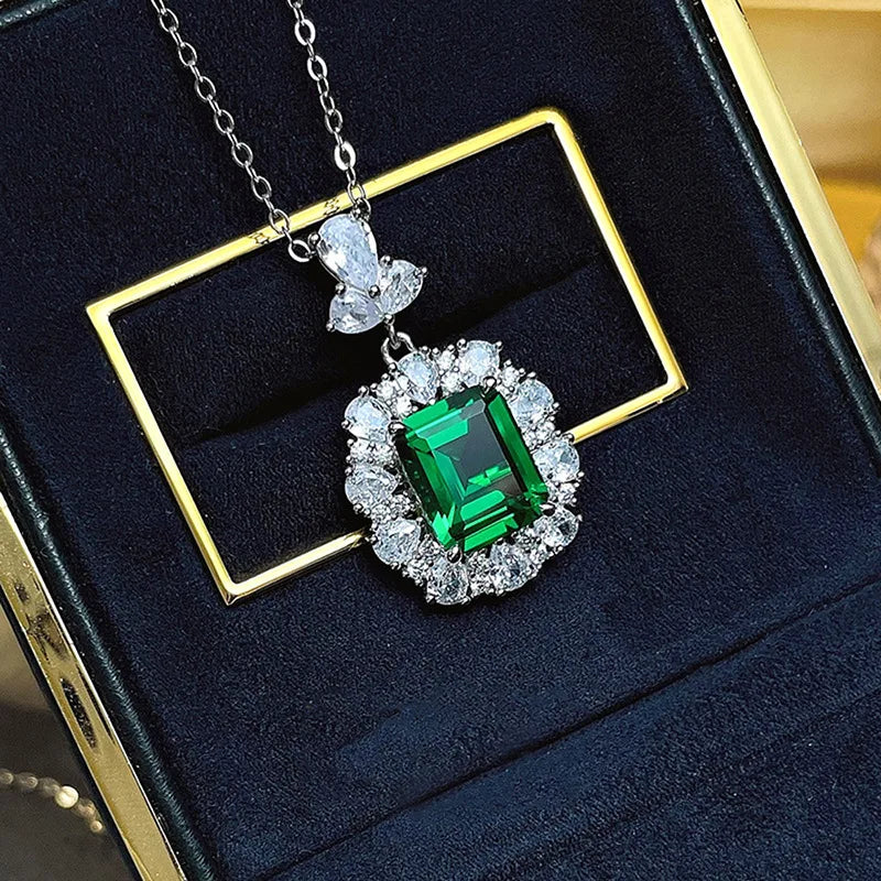2025 New Luxury European and American French Palace Style Emerald Geometric Square Zircon 3-piece Set Necklace  Ring