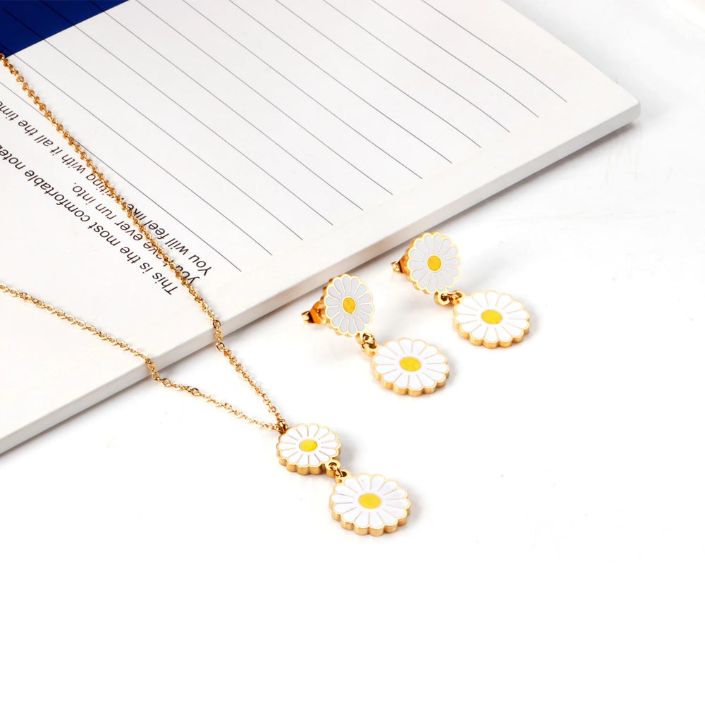 Jewelry Sets Yellow Flowers Pendant Necklace Earrings Stainless Steel For Women Gold Color 2023 Trendy Summer Wholesale