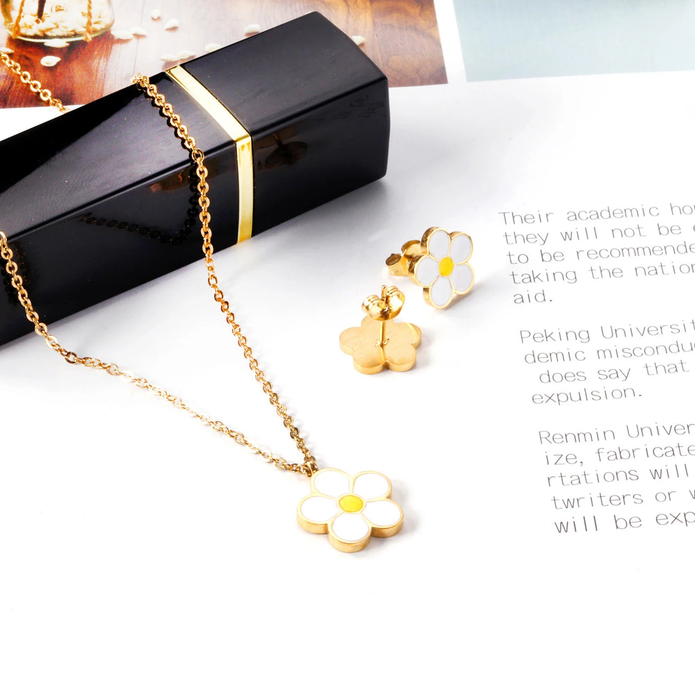Jewelry Sets Yellow Flowers Pendant Necklace Earrings Stainless Steel For Women Gold Color 2023 Trendy Summer Wholesale