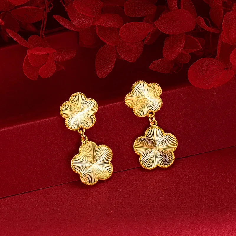 24k Real Gold Light Super Flash Plum Blossom Fashionable Women's Laser Plum Blossom Bracelet Necklace Stud Earring Jewelry